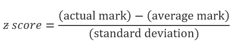Z Score equals actual mark minus average mark devided by standard deviation
